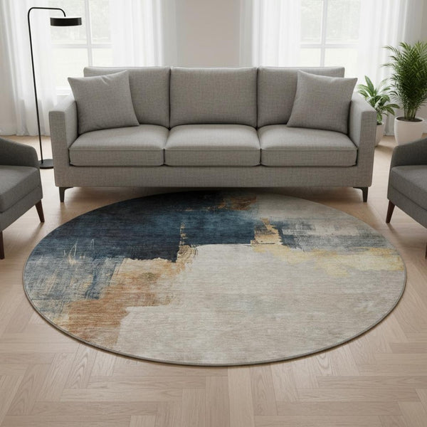 HomeRoots 8' Taupe and Blue Abstract Washable Round Rug - Durable, Stylish, UV-Protected for High-Traffic Areas 683599
