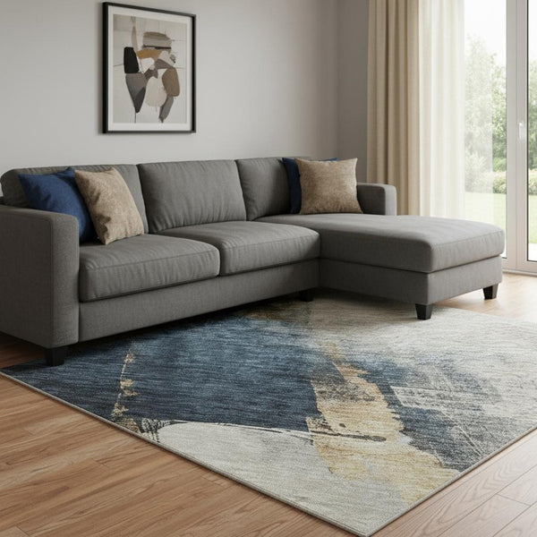 HomeRoots 8' X 10' Taupe and Blue Abstract Washable Area Rug - Durable, UV-Protected, Easy-Care Design for Homes 683600