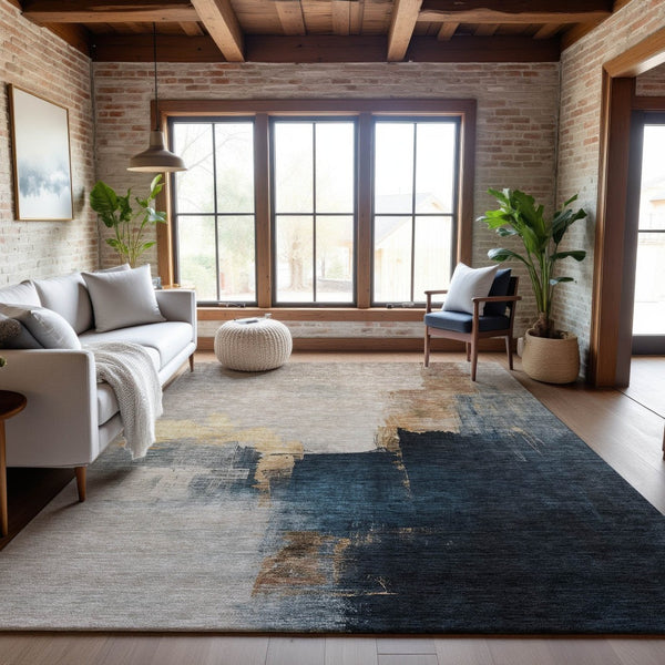 HomeRoots 8' X 10' Taupe and Blue Abstract Washable Area Rug - Durable, UV-Protected, Easy-Care Design for Homes 683600