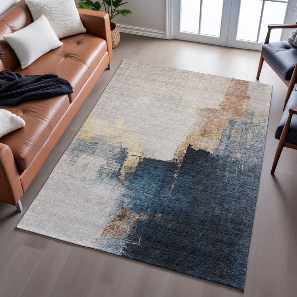 HomeRoots 8' X 10' Taupe and Blue Abstract Washable Area Rug - Durable, UV-Protected, Easy-Care Design for Homes 683600