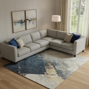 HomeRoots 9' X 12' Taupe and Blue Abstract Area Rug - Washable, UV-Protected, Stylish Design for Busy Homes 683601