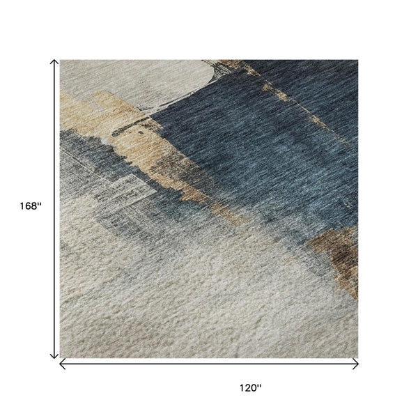 HomeRoots 10' X 14' Modern Abstract Taupe & Blue Area Rug - Durable, Washable, UV Protected for High Traffic Spaces 683602