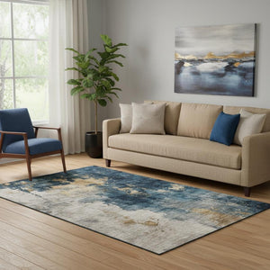 HomeRoots 5' Blue Gold Silver Abstract Area Rug - Washable, UV Protected, Modern Design for Busy Homes 683604
