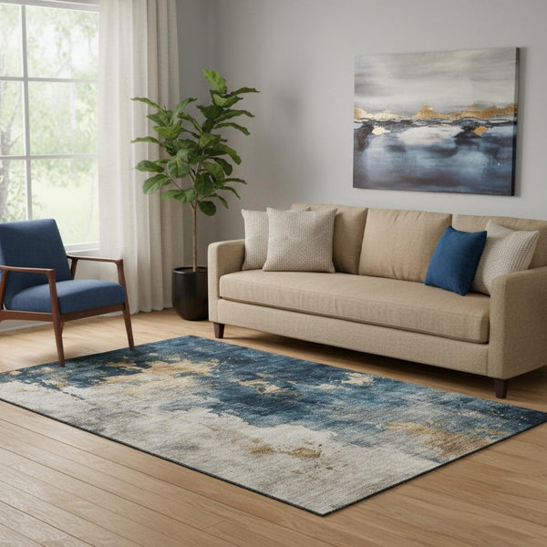 HomeRoots 5' Blue Gold Silver Abstract Area Rug - Washable, UV Protected, Modern Design for Busy Homes 683604