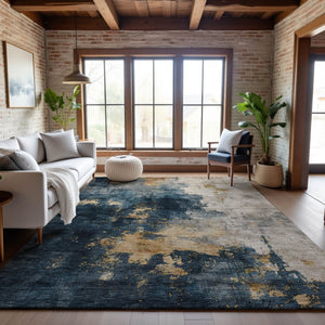HomeRoots 5' Blue Gold Silver Abstract Area Rug - Washable, UV Protected, Modern Design for Busy Homes 683604