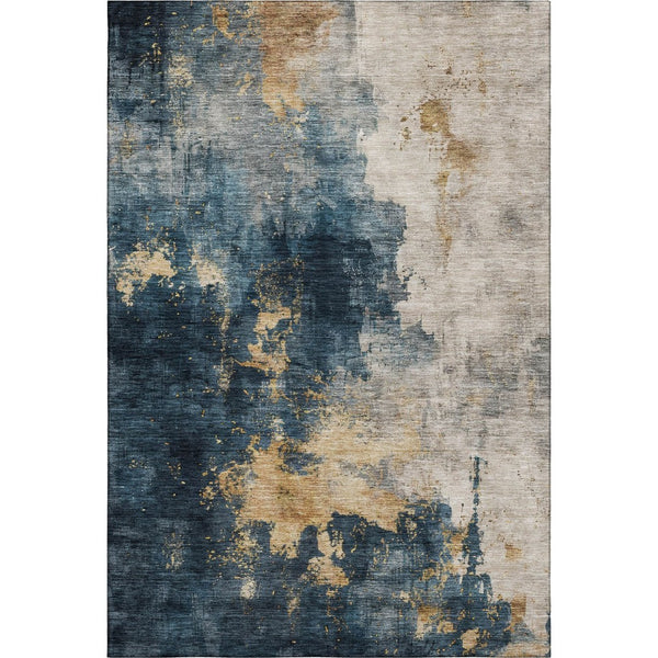 HomeRoots 5' Blue Gold Silver Abstract Area Rug - Washable, UV Protected, Modern Design for Busy Homes 683604