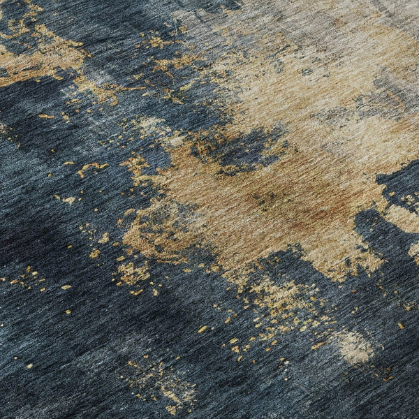 HomeRoots 5' Blue Gold Silver Abstract Area Rug - Washable, UV Protected, Modern Design for Busy Homes 683604