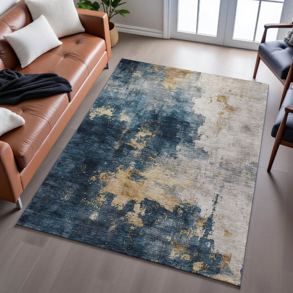 HomeRoots 5' Blue Gold Silver Abstract Area Rug - Washable, UV Protected, Modern Design for Busy Homes 683604