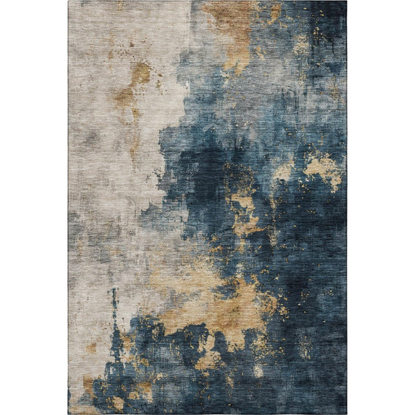 HomeRoots 5' Blue Gold Silver Abstract Area Rug - Washable, UV Protected, Modern Design for Busy Homes 683604