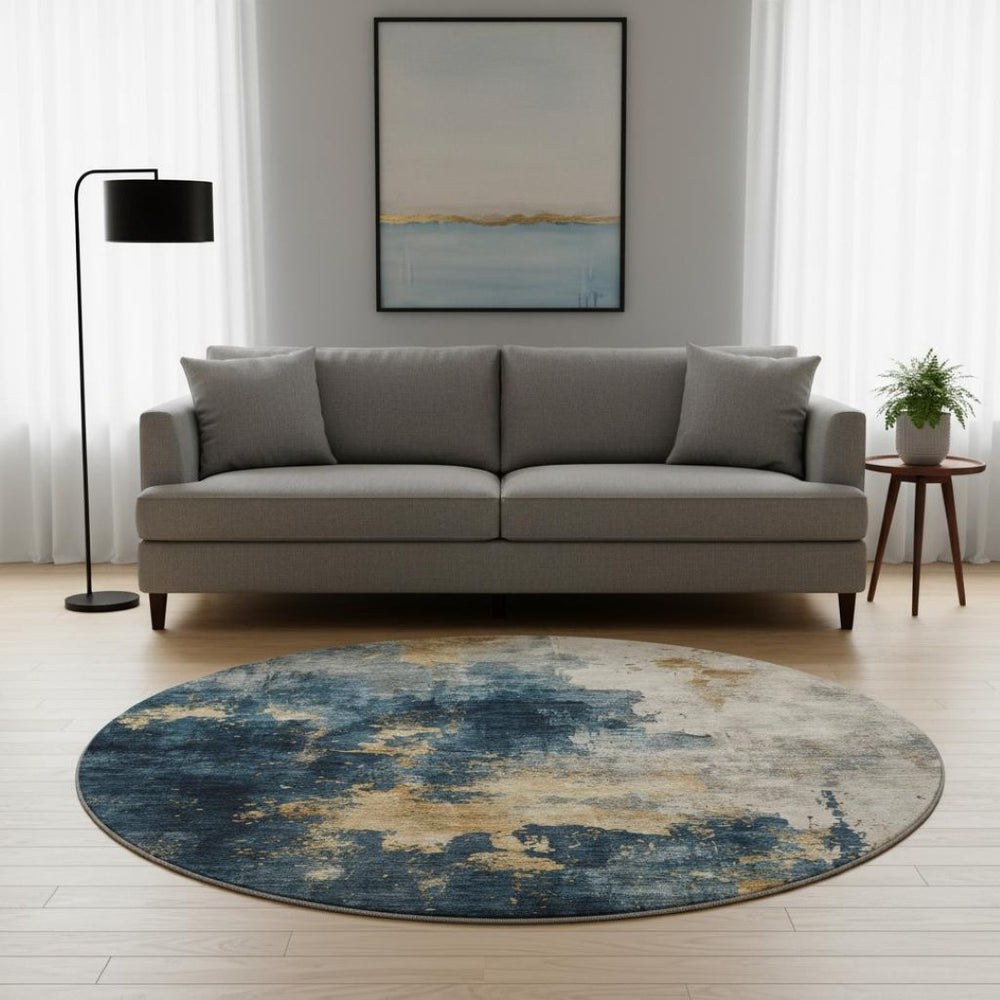 HomeRoots 8' Blue Gold & Silver Washable Round Rug – Stylish, Durable, UV-Protected Design for Modern Spaces 683605