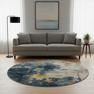 HomeRoots 8' Blue Gold & Silver Washable Round Rug – Stylish, Durable, UV-Protected Design for Modern Spaces 683605