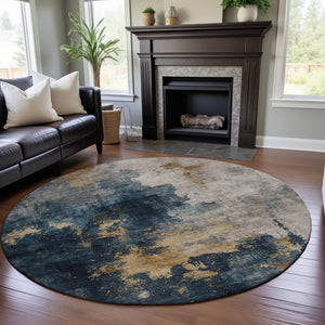 HomeRoots 8' Blue Gold & Silver Washable Round Rug – Stylish, Durable, UV-Protected Design for Modern Spaces 683605