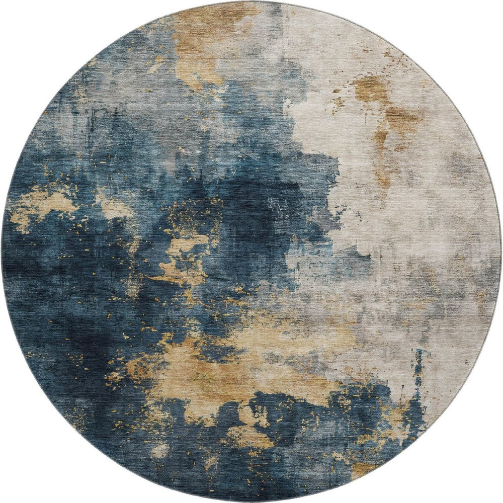 HomeRoots 8' Blue Gold & Silver Washable Round Rug – Stylish, Durable, UV-Protected Design for Modern Spaces 683605