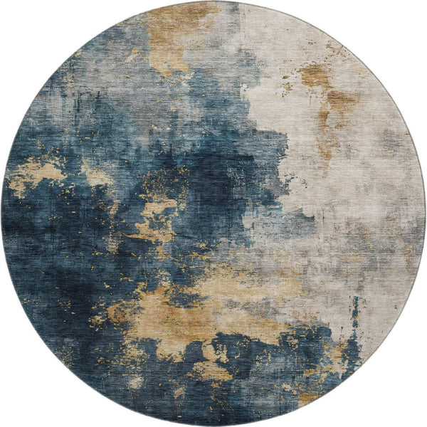 HomeRoots 8' Blue Gold & Silver Washable Round Rug – Stylish, Durable, UV-Protected Design for Modern Spaces 683605