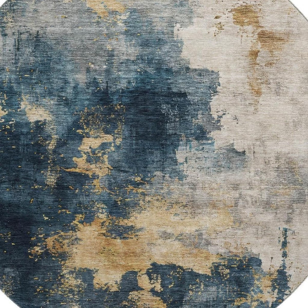 HomeRoots 8' Blue Gold & Silver Washable Round Rug – Stylish, Durable, UV-Protected Design for Modern Spaces 683605