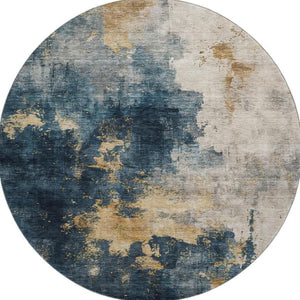 HomeRoots 8' Blue Gold & Silver Washable Round Rug – Stylish, Durable, UV-Protected Design for Modern Spaces 683605