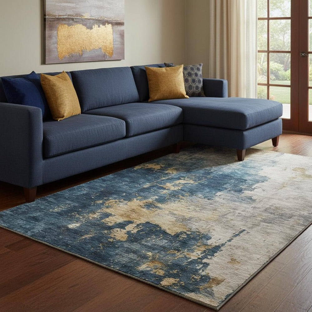 HomeRoots 8' X 10' Modern Blue Gold Silver Abstract Washable Area Rug with UV Protection & Easy Care Design 683606