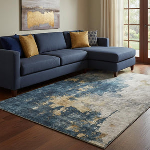 HomeRoots 8' X 10' Modern Blue Gold Silver Abstract Washable Area Rug with UV Protection & Easy Care Design 683606
