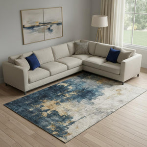 HomeRoots 9' X 12' Blue Gold Silver Abstract Area Rug - Stylish, Washable, UV-Protected, Durable Design for Homes 683607