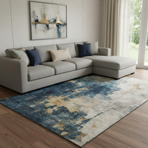 HomeRoots 10' X 14' Vibrant Blue Gold Silver Abstract Rug - Washable, UV-Protected, Perfect for High-Traffic Spaces 683608