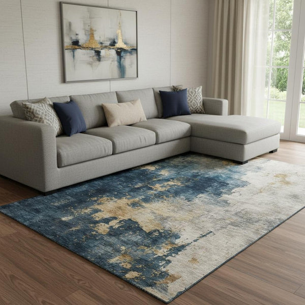 HomeRoots 10' X 14' Vibrant Blue Gold Silver Abstract Rug - Washable, UV-Protected, Perfect for High-Traffic Spaces 683608