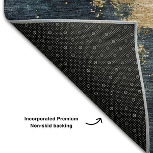 HomeRoots 10' X 14' Vibrant Blue Gold Silver Abstract Rug - Washable, UV-Protected, Perfect for High-Traffic Spaces 683608