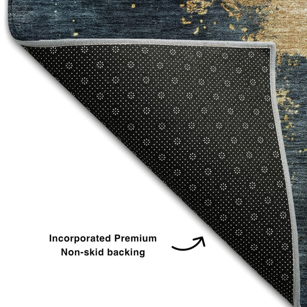 HomeRoots 10' X 14' Vibrant Blue Gold Silver Abstract Rug - Washable, UV-Protected, Perfect for High-Traffic Spaces 683608