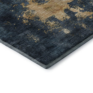 HomeRoots 10' X 14' Vibrant Blue Gold Silver Abstract Rug - Washable, UV-Protected, Perfect for High-Traffic Spaces 683608
