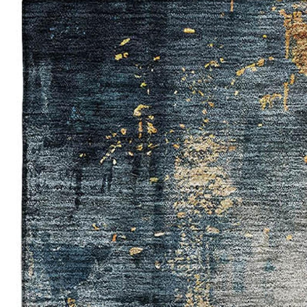 HomeRoots 10' X 14' Vibrant Blue Gold Silver Abstract Rug - Washable, UV-Protected, Perfect for High-Traffic Spaces 683608