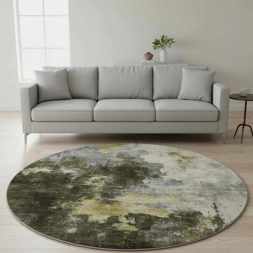 HomeRoots 8' Brown Gold and Silver Abstract Washable Round Rug - Durable, UV-Protected, Modern Home Decor 683611