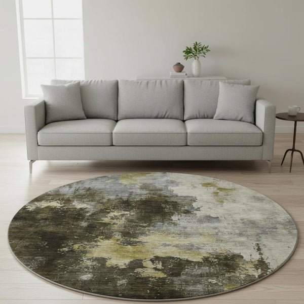 HomeRoots 8' Brown Gold and Silver Abstract Washable Round Rug - Durable, UV-Protected, Modern Home Decor 683611