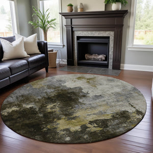 HomeRoots 8' Brown Gold and Silver Abstract Washable Round Rug - Durable, UV-Protected, Modern Home Decor 683611