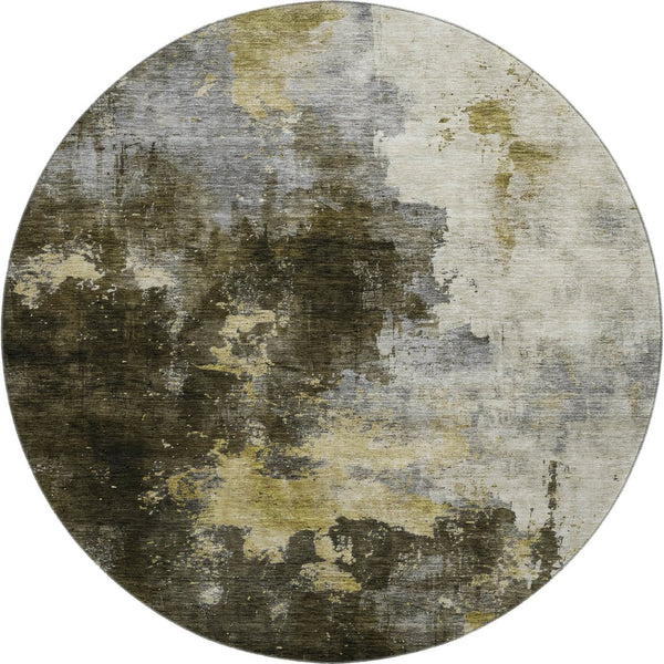 HomeRoots 8' Brown Gold and Silver Abstract Washable Round Rug - Durable, UV-Protected, Modern Home Decor 683611