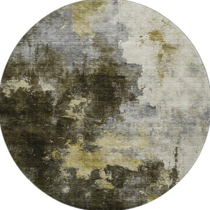 HomeRoots 8' Brown Gold and Silver Abstract Washable Round Rug - Durable, UV-Protected, Modern Home Decor 683611
