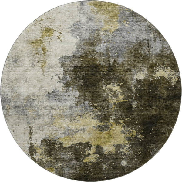 HomeRoots 8' Brown Gold and Silver Abstract Washable Round Rug - Durable, UV-Protected, Modern Home Decor 683611