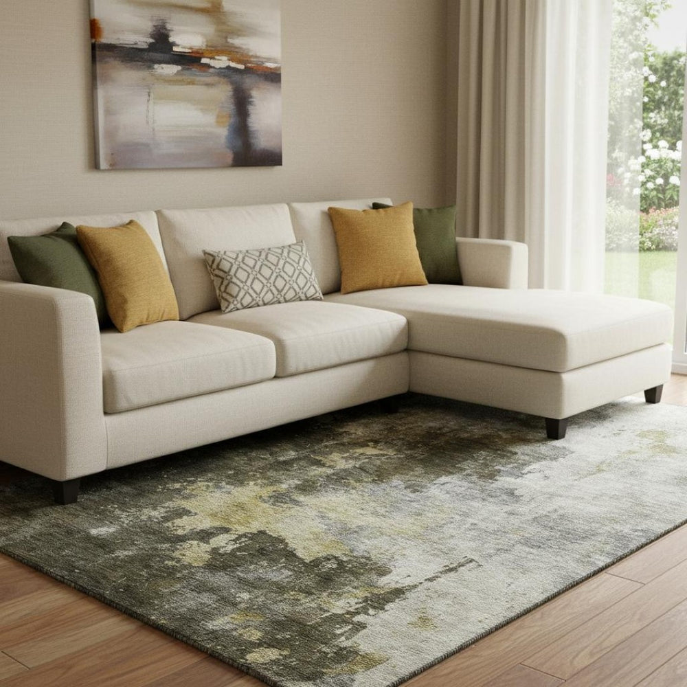 HomeRoots 10' Modern Abstract Washable Area Rug in Brown, Gold & Silver – UV Protected for Family Living Spaces 683614