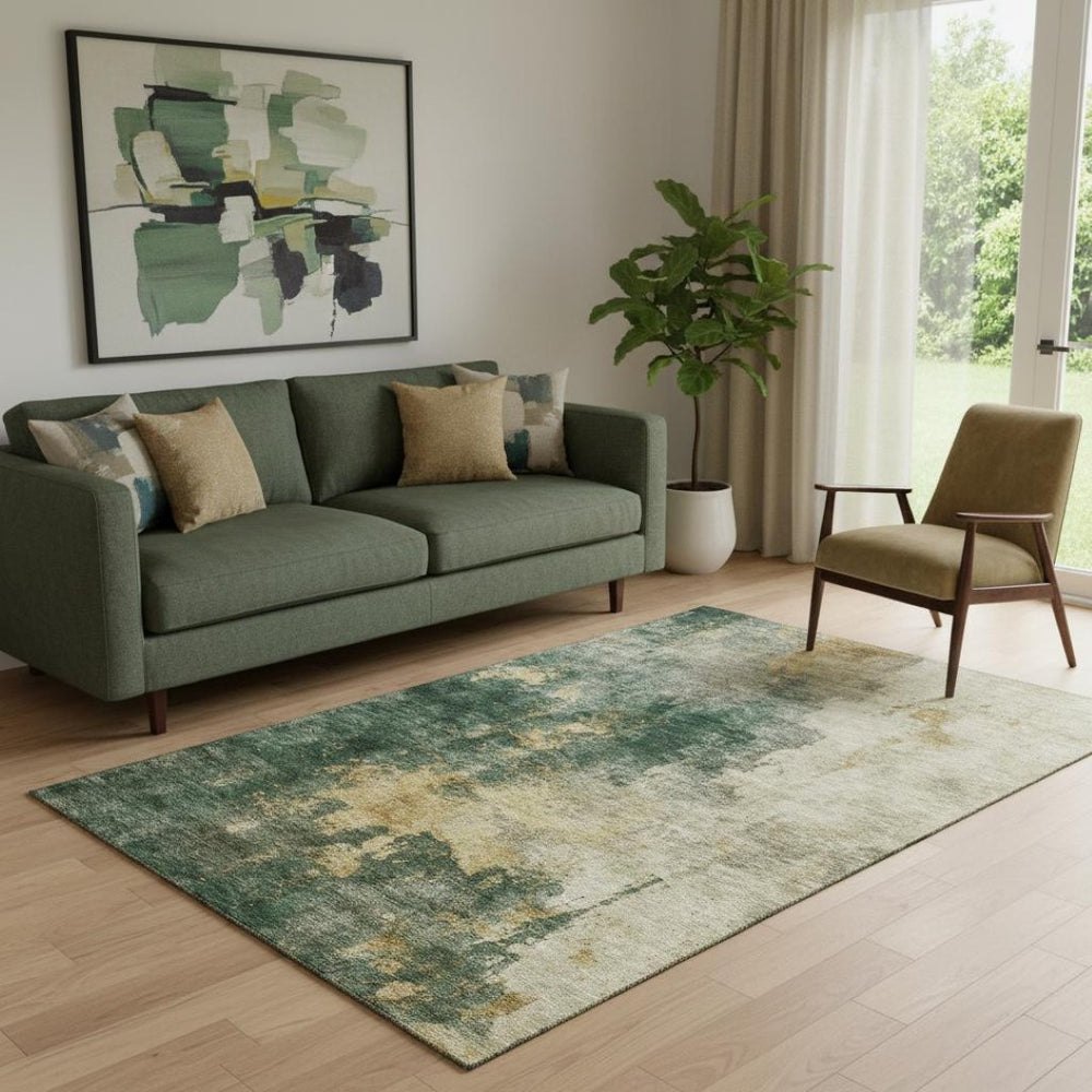 HomeRoots 5' X 8' Fern Green Gold Silver Abstract Washable Area Rug with UV Protection for Modern Homes 683616