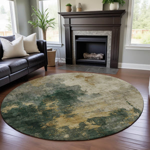 HomeRoots 8' Fern Green Abstract Round Rug with Gold & Silver Wash - Washable, UV Protected, Stylish & Durable 683617