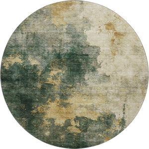 HomeRoots 8' Fern Green Abstract Round Rug with Gold & Silver Wash - Washable, UV Protected, Stylish & Durable 683617