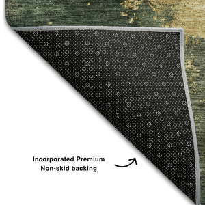 HomeRoots 8' Fern Green Abstract Round Rug with Gold & Silver Wash - Washable, UV Protected, Stylish & Durable 683617