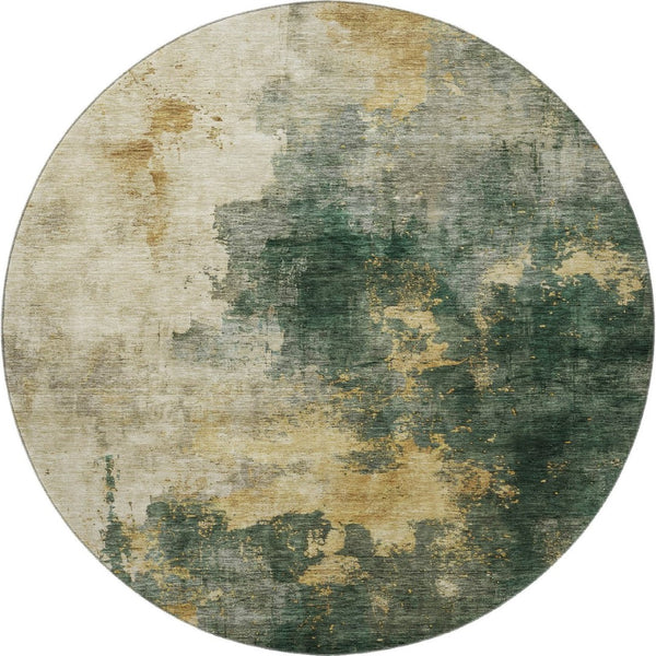 HomeRoots 8' Fern Green Abstract Round Rug with Gold & Silver Wash - Washable, UV Protected, Stylish & Durable 683617