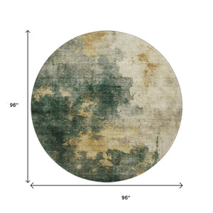 HomeRoots 8' Fern Green Abstract Round Rug with Gold & Silver Wash - Washable, UV Protected, Stylish & Durable 683617