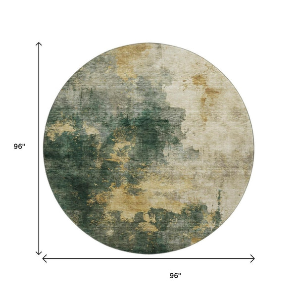 HomeRoots 8' Fern Green Abstract Round Rug with Gold & Silver Wash - Washable, UV Protected, Stylish & Durable 683617