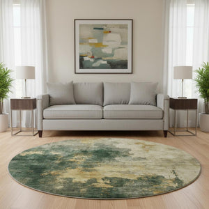 HomeRoots 8' Fern Green Abstract Round Rug with Gold & Silver Wash - Washable, UV Protected, Stylish & Durable 683617