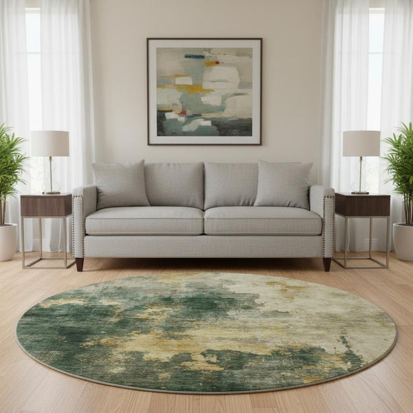 HomeRoots 8' Fern Green Abstract Round Rug with Gold & Silver Wash - Washable, UV Protected, Stylish & Durable 683617
