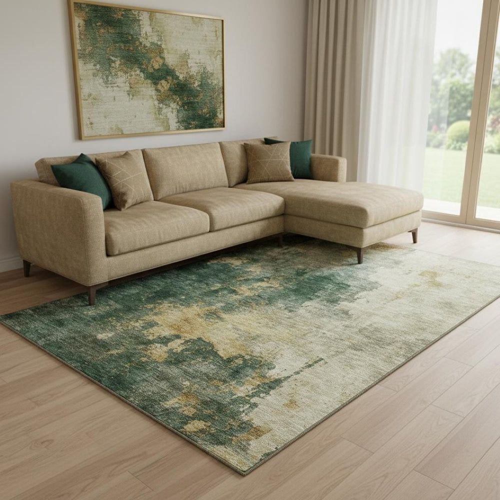 HomeRoots 8' X 10' Stylish Fern Green Gold Silver Abstract Washable Area Rug with UV Protection & Durability 683618