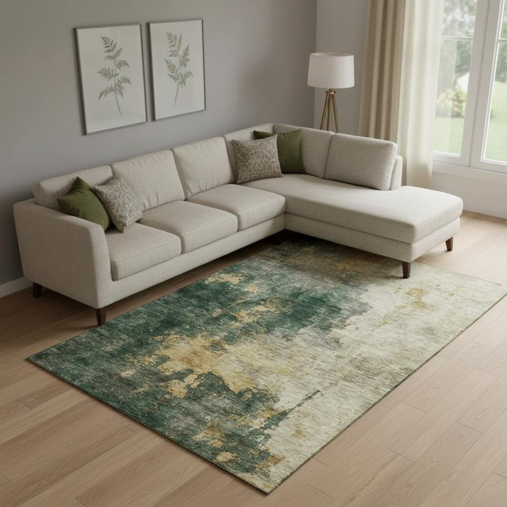HomeRoots 9' X 12' Modern Fern Green Gold Silver Abstract Area Rug - Washable, UV Protected, Stain Resistant 683619