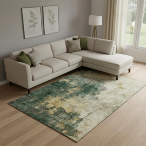 HomeRoots 9' X 12' Modern Fern Green Gold Silver Abstract Area Rug - Washable, UV Protected, Stain Resistant 683619