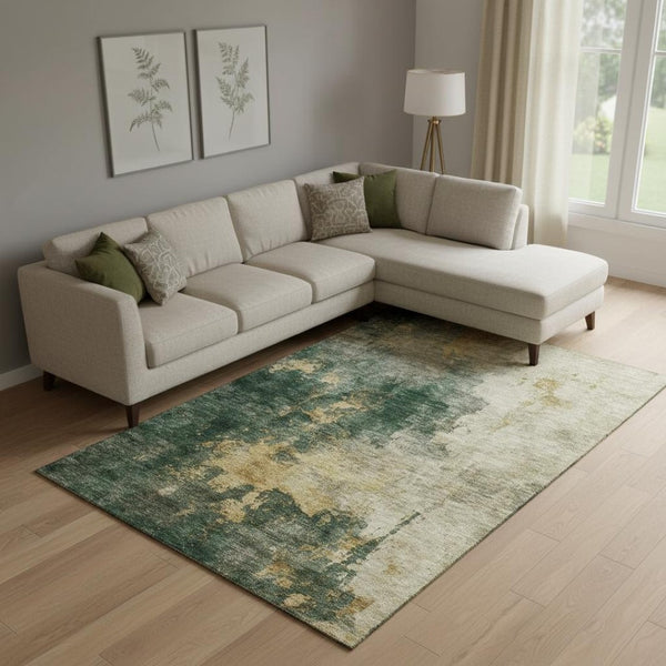 HomeRoots 9' X 12' Modern Fern Green Gold Silver Abstract Area Rug - Washable, UV Protected, Stain Resistant 683619