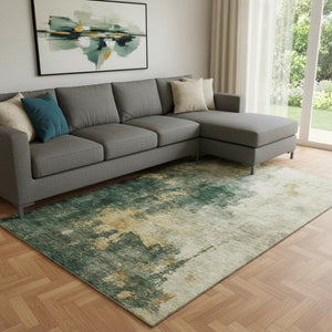 HomeRoots 10' X 14' Modern Fern Green Abstract Area Rug - Washable, UV-Protected, Perfect for Family Spaces 683620